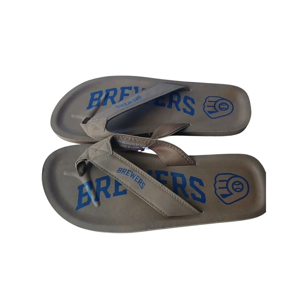FOCO Milwaukee Brewers MLB Mens Tan Blue Flip Flop Sandals Size Large L New